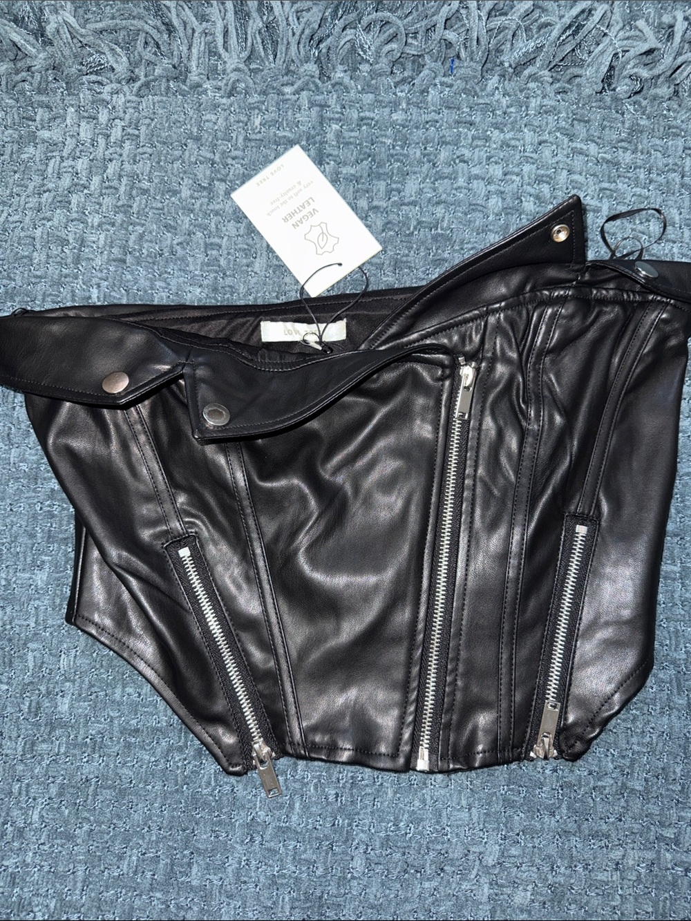Love Tree Black Faux Leather Corset Crop Top with Zippers